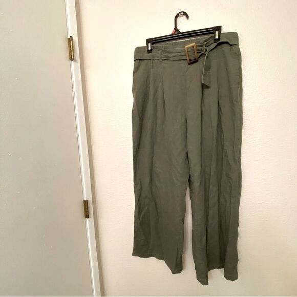 Si Sono sage green linen blend belted wide leg hi rise trouser pants pull on L - Picture 1 of 9